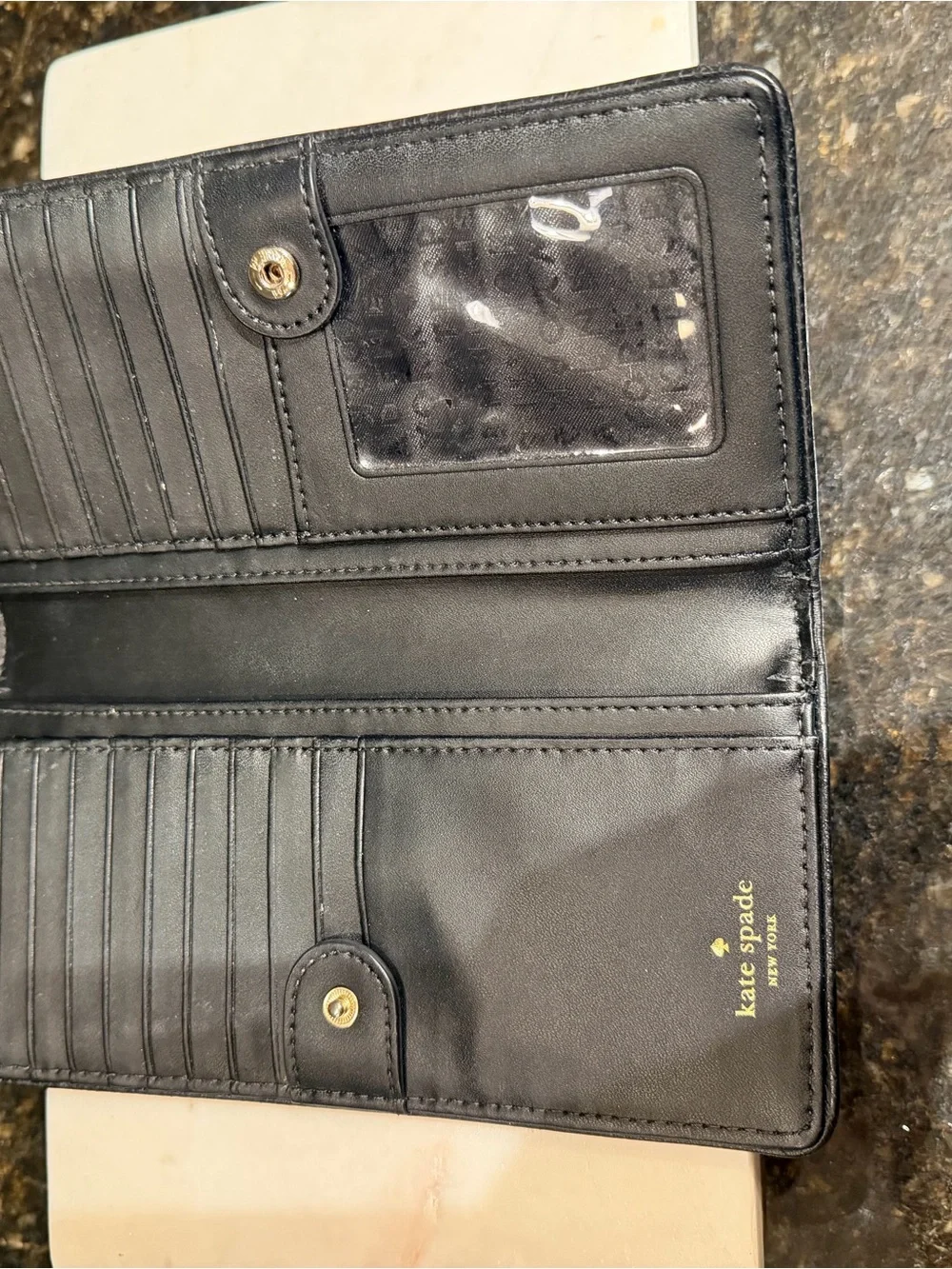 kate spade black pebbled leather continental wallet with gold logo